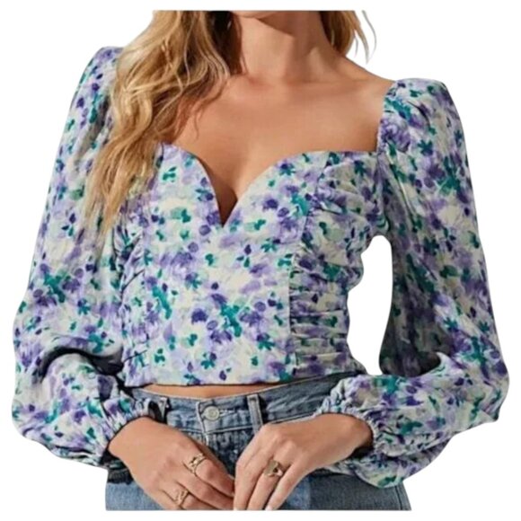 NWT ASTR The Label Blue Purple Floral Puff Sleeve Blouse XS Romantic Corset - Picture 1 of 10